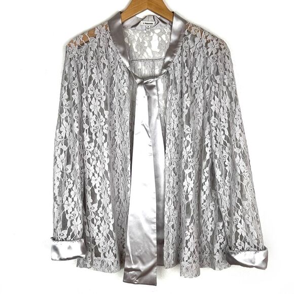 J. Peterman Satin Bow Necktie Open Front Silver Gray Lace Jacket Topper size 14 - Picture 3 of 7